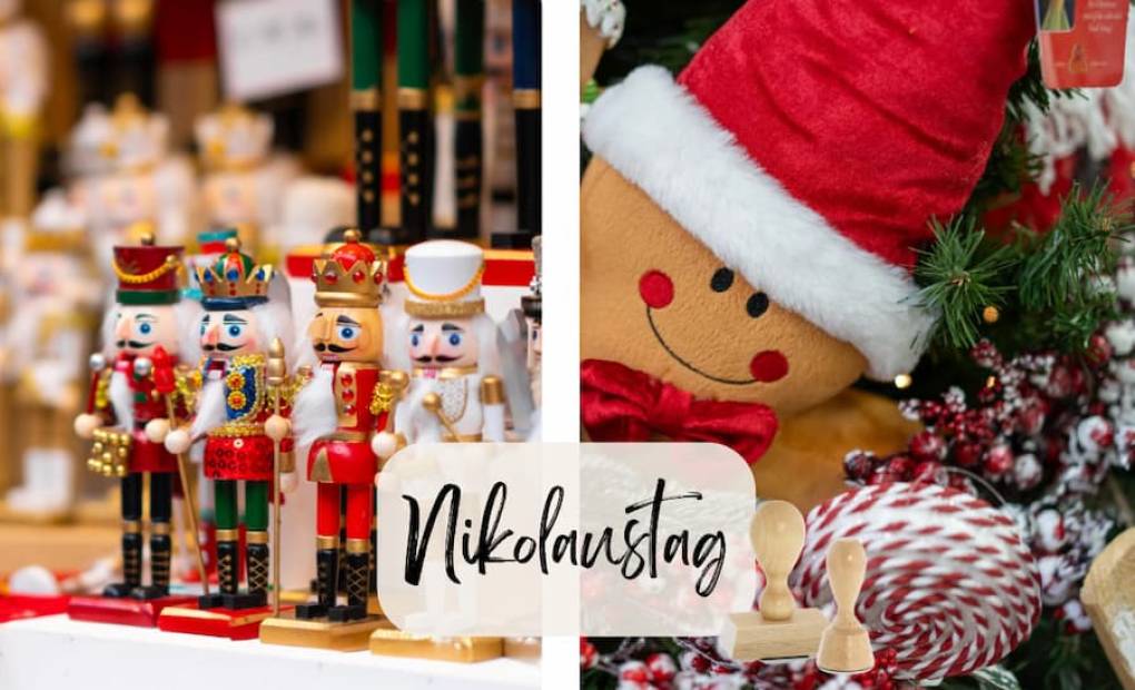 Verschiedene bunte Nussknacker und weihnachtliche Figuren auf einem deutschen Weihnachtsmarkt, daneben ein Plüschlebkuchenmann