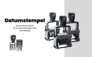 Trodat Datumstempel Modelle mit Text 'Zeit für einen Check? Ist ihr Datumstempel noch zuverlässig?' auf hellem Hintergrund