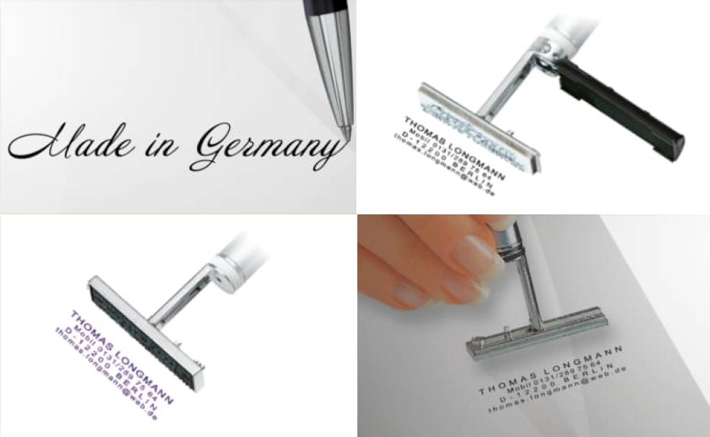 Montage aus vier Bildern mit einem Kugelschreiberstempel