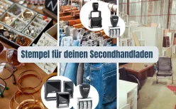 Trodat und Colop Stempel für Secondhandläden – Werbebild mit Schmuckregalen, Kleiderständern, Büromöbeln und Lagerhalle