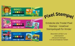 Werbetafel für Trodat Pixel Stempel für Kinder: Drei Booklets mit 18 Motiven jeweils zu Tieren (Löwe)