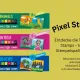 Werbetafel für Trodat Pixel Stempel für Kinder: Drei Booklets mit 18 Motiven jeweils zu Tieren (Löwe)
