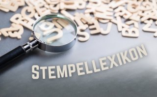 Nahaufnahme einer Lupe, die über verstreute hölzerne Buchstaben 'LEXIKON' fokussiert, mit 'STEMPELLEXIKON' Text auf grauem Hintergrund.