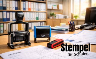 Trodat Stempel Professional 5460, Printy 4915 und Pocket Printy auf Schreibtisch im Schulsekretariat mit Formularen und Ordnern im Hintergrund