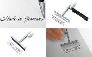 Montage aus vier Bildern mit einem Kugelschreiberstempel