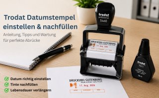 Trodat  selbstfärbender Datumsstempel Professional 5460 mit Stempelfarbe, Anleitung zur Wartung und sauberen Abdrücken